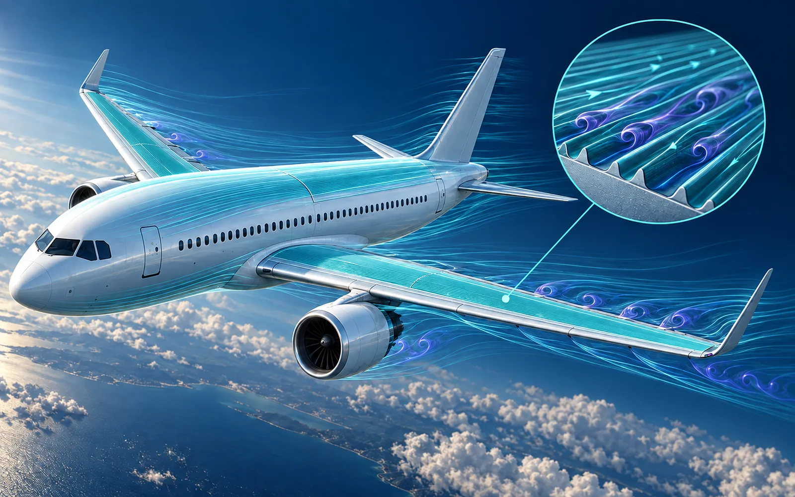 Airliner with riblet film on its wings and fuselage, and a magnified view of the grooved riblet surface