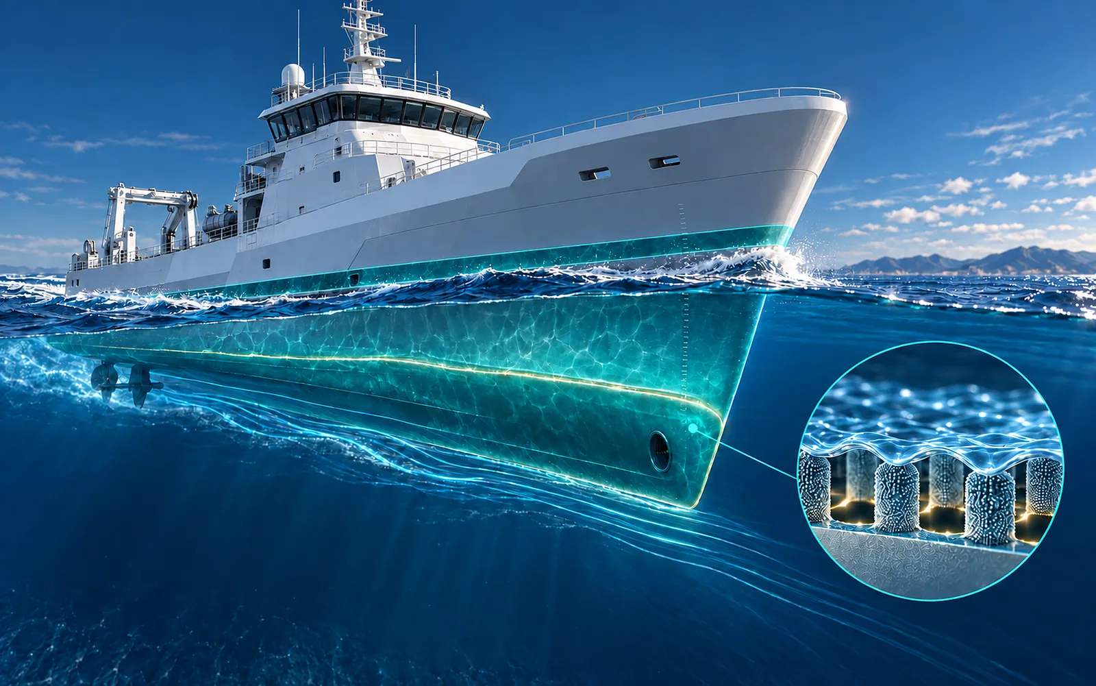 Research vessel with film applied to its wetted hull, and a magnified view of a micro-textured surface holding a thin layer of air against the water