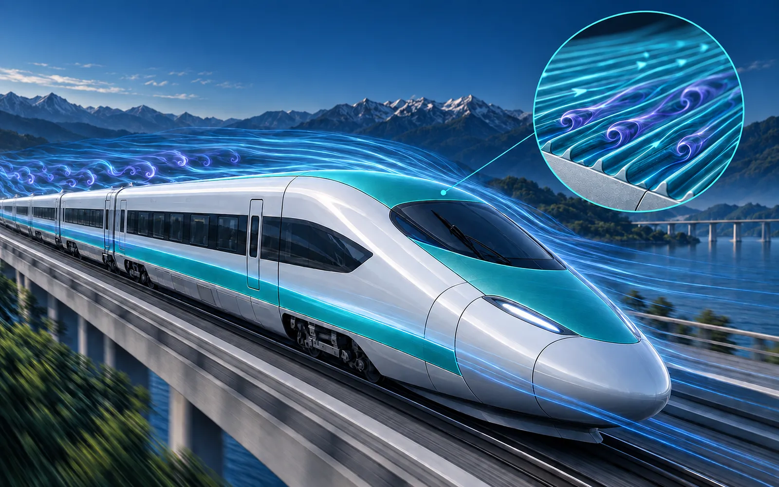 High-speed train with riblet film on its exterior, and a magnified view of the grooved riblet surface
