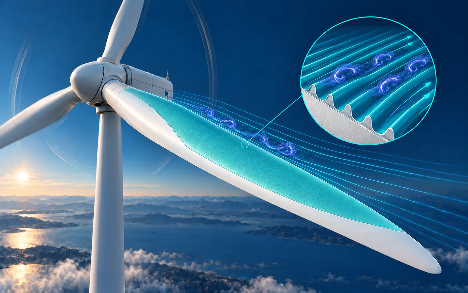 Wind turbine blade with riblet film, and a magnified view of the grooved riblet surface